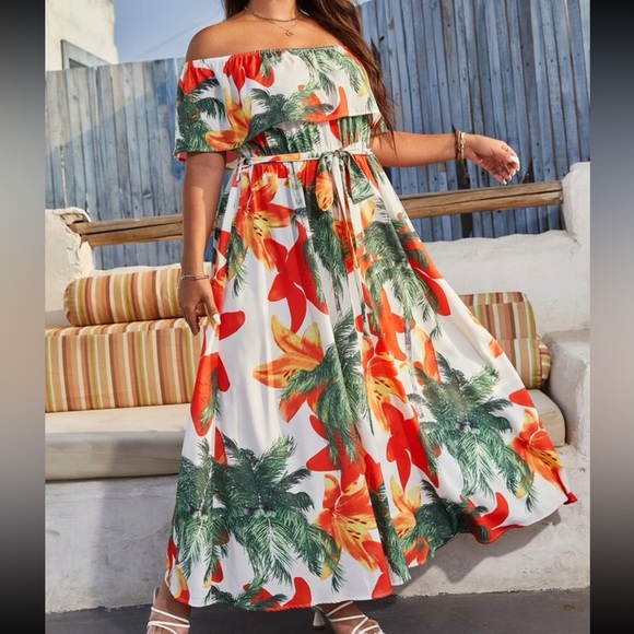 Plus size floral tropical print off shoulder maxi dress - Picture 3 of 6